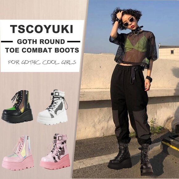 ⚡Women1-white Synthetic Chunky High Heel Combat Lace Up Motorcycle Wedges Boots - Picture 5 of 8